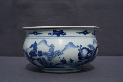 A Chinese blue and white censer with figures in a landscape, Kangxi